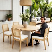 Guyou Farmhouse Rattan Dining Chairs Set of 2, Modern Wooden Kitchen Chairs with Cane Back, Chenille Upholstered Dining Room Chairs, Boho Wicker Woven Dining Side Chairs for Dining Room, White