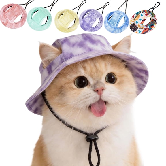 Rlwdqumrt Dog Bucket Hat for Cats and Small Dogs, Adjustable Pet Sun Hat with Ear Holes Lightweight Summer Cap for Outdoor Walks Travel