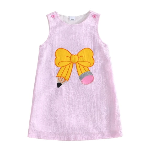 RUINIXCW Toddler Baby Girl Back to School Dress Kids Kindergarten Outfits Little Baby Girl Summer Tank Dress Overalls School Bow Apple Embroidery Sleeveless Striped A Line Dress