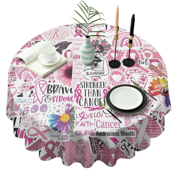 Pink Breast Cancer Round Tablecloth 60"x60",Wrinkle Wipeable Table Cloth for Kitchen Dining Room Picnic Patio Party