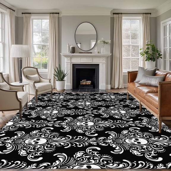 Area Rug for Living Room, Horrible Skull Non-Slip Indoor Large Carpet for Bedroom/Dining Room, Halloween Black Flowers Skeleton Washable Low-Profile Rectangle Floor Runner Rugs - 6 x 9 Ft