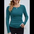 thumbnail image 3 of Camisetas Básicas Ajustadas Informales de Cuello Redondo y Larga Acanaladas para Mujer Azul y Verde XL, 3 of 6