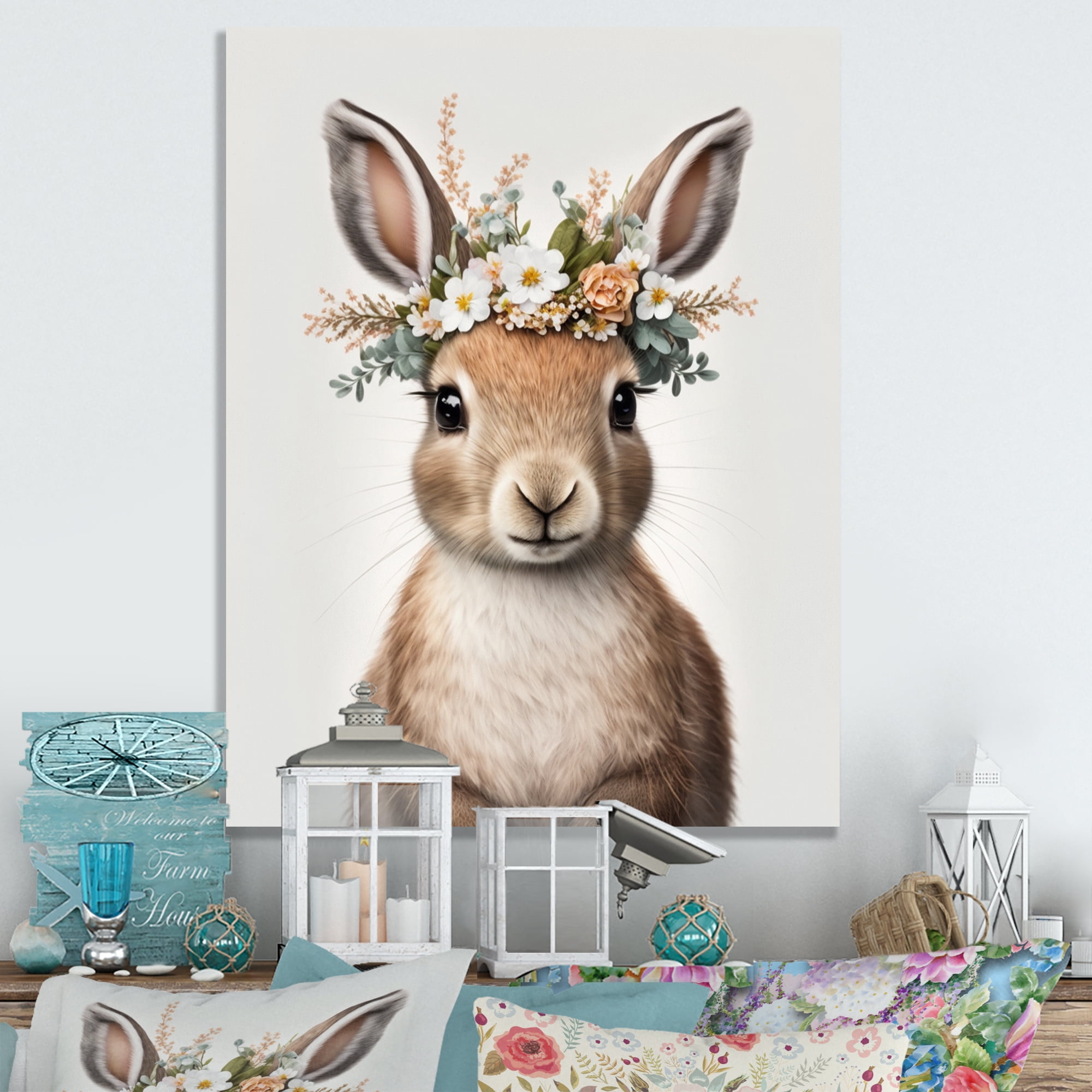 Designart Cute Baby Rabbit With Floral Crown II Canvas Wall Art