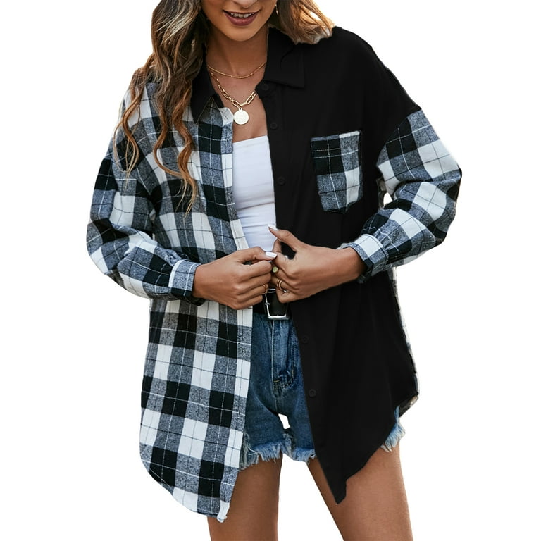 Canrulo Womens Flannel Plaid Shirts Oversized Button Down Lapel Collar Long  Sleeve Shirts Blouse Tops Black White M 
