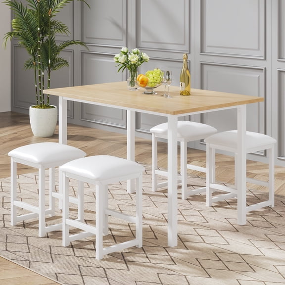 VECELO 5-Piece Dining Table Set with 4 Stools, 43.3" Rectangular Kitchen Table & Chairs Sets, Space-Saving Pub Dining Set for Living Room, Breakfast Nook, Apartment, Oak color