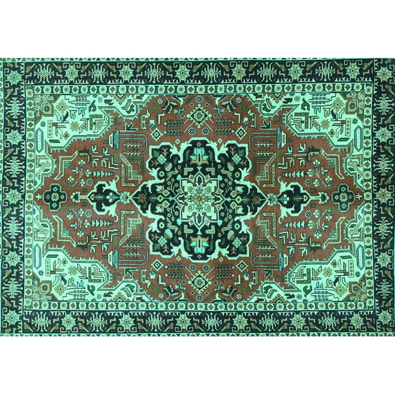 Ahgly Company Machine Washable Indoor Rectangle Medallion Turquoise Blue Traditional Area Rugs, 7' x 10'