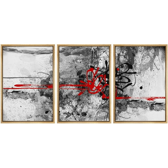 wall26 Framed Canvas Print Wall Art Set Black & Red Grunge Watercolor Lines Abstract Shapes Illustrations Modern Art Chic Scenic Relax/Calm for Living Room, Bedroom, Office - 24"x36"x3