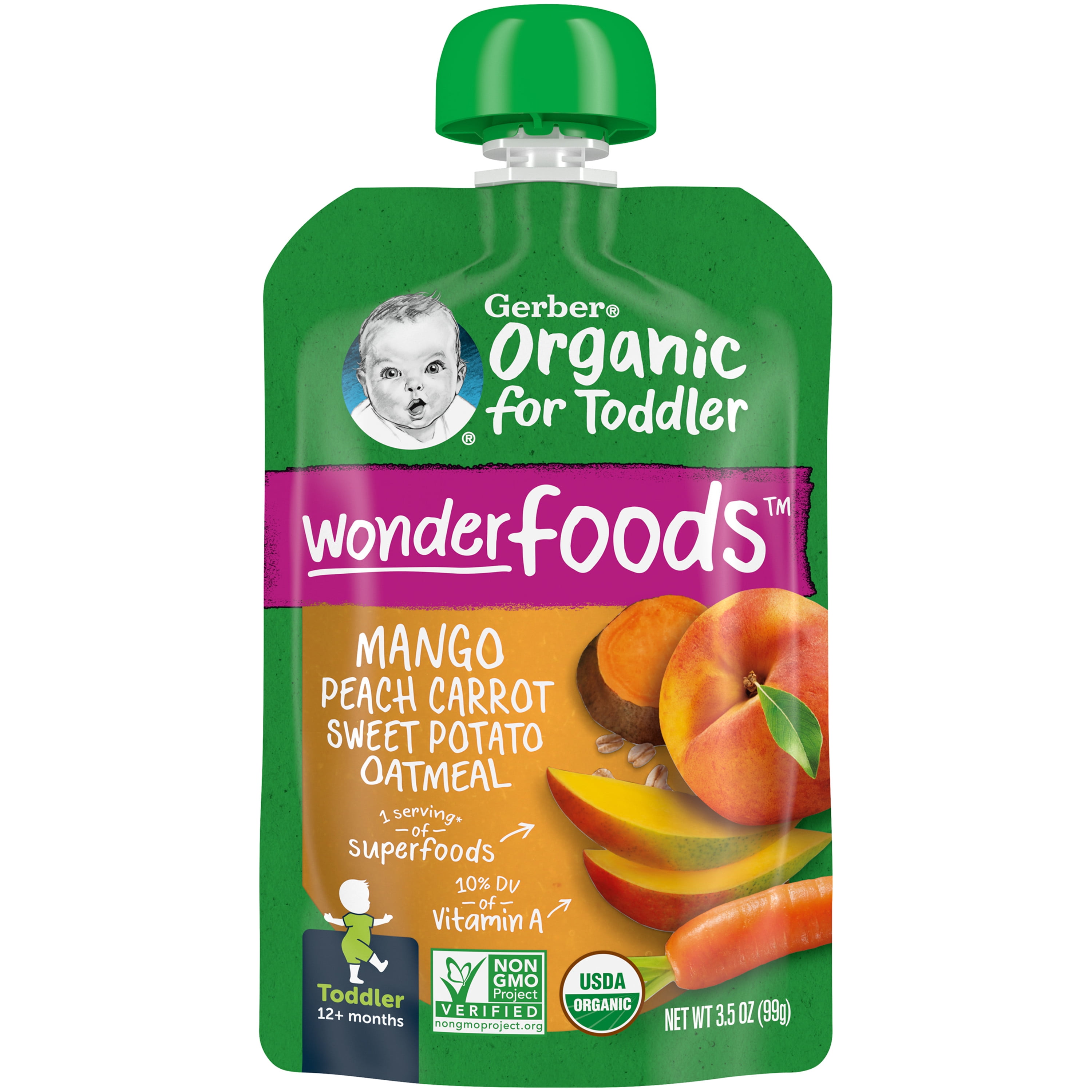 Gerber Organic for Toddler WonderFoods, Mango Peach Carrot Sweet Potato Oatmeal, 3.5 oz Pouch