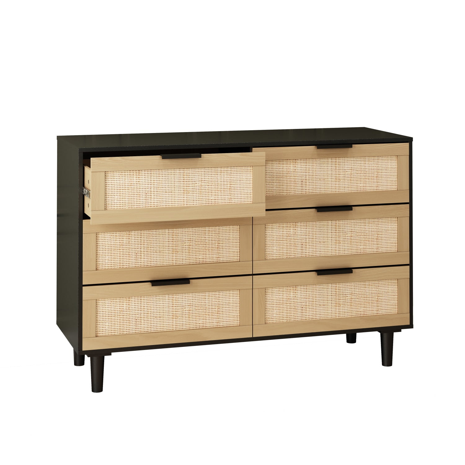 Kadyn Chest of Drawers, 6 Drawers Rattan Dresser for Bedroom with Black Handle, Black Nursery Dresser Kadyn Chest of Drawers, 6 Drawers Rattan Dresser for Bedroom with Black Handle, Black Nursery Dresser