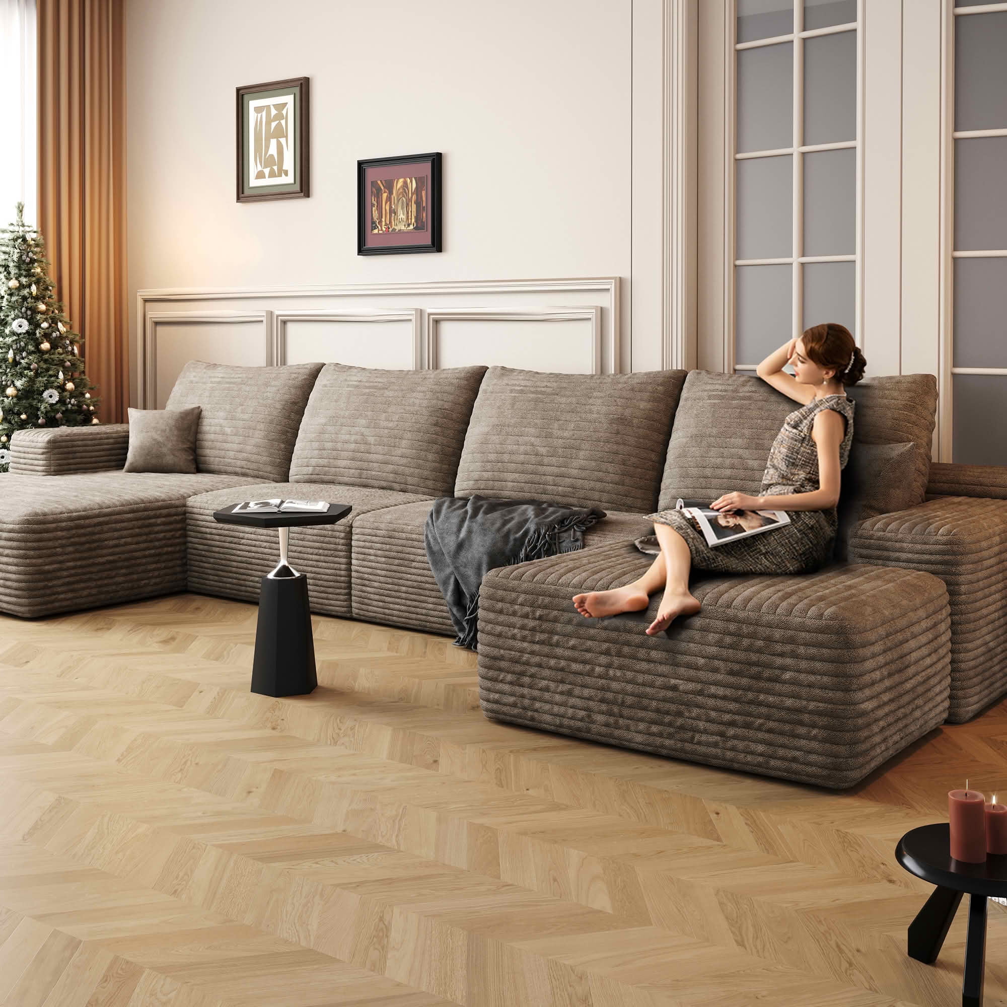 MAYEERTY 135" Cloud Sectional Sofa with Ottoman, U Shaped Deep Seat Couch, Plush Corduroy Fabric, No Assembly Required, Camel