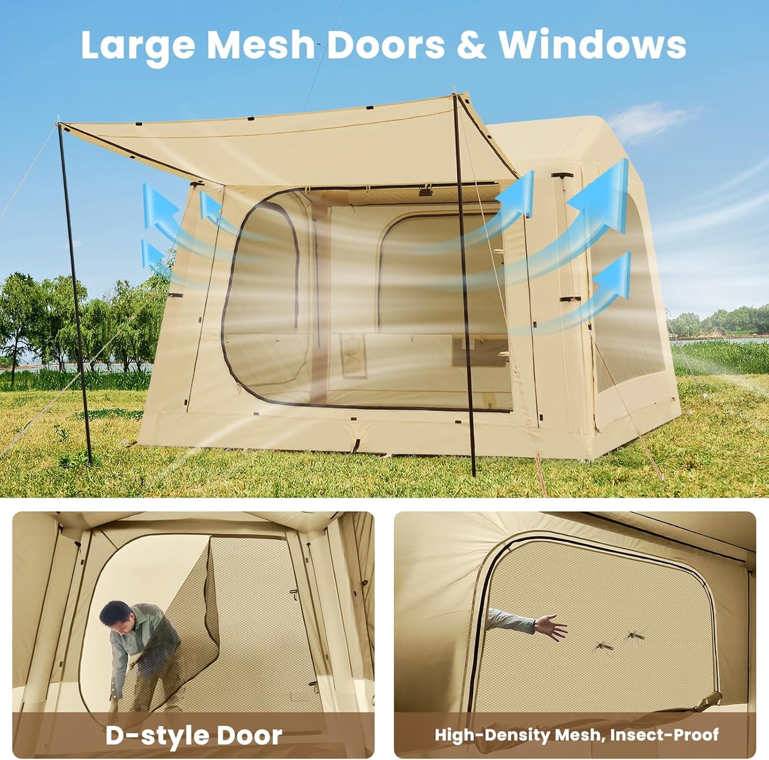 Slsy Inflatable Tent with Pump, Inflatable Tent for Camping 6~8 People Large Blow Up Air Tents House, Waterproof Luxury Glamping Tent with Mesh & Stove Jack