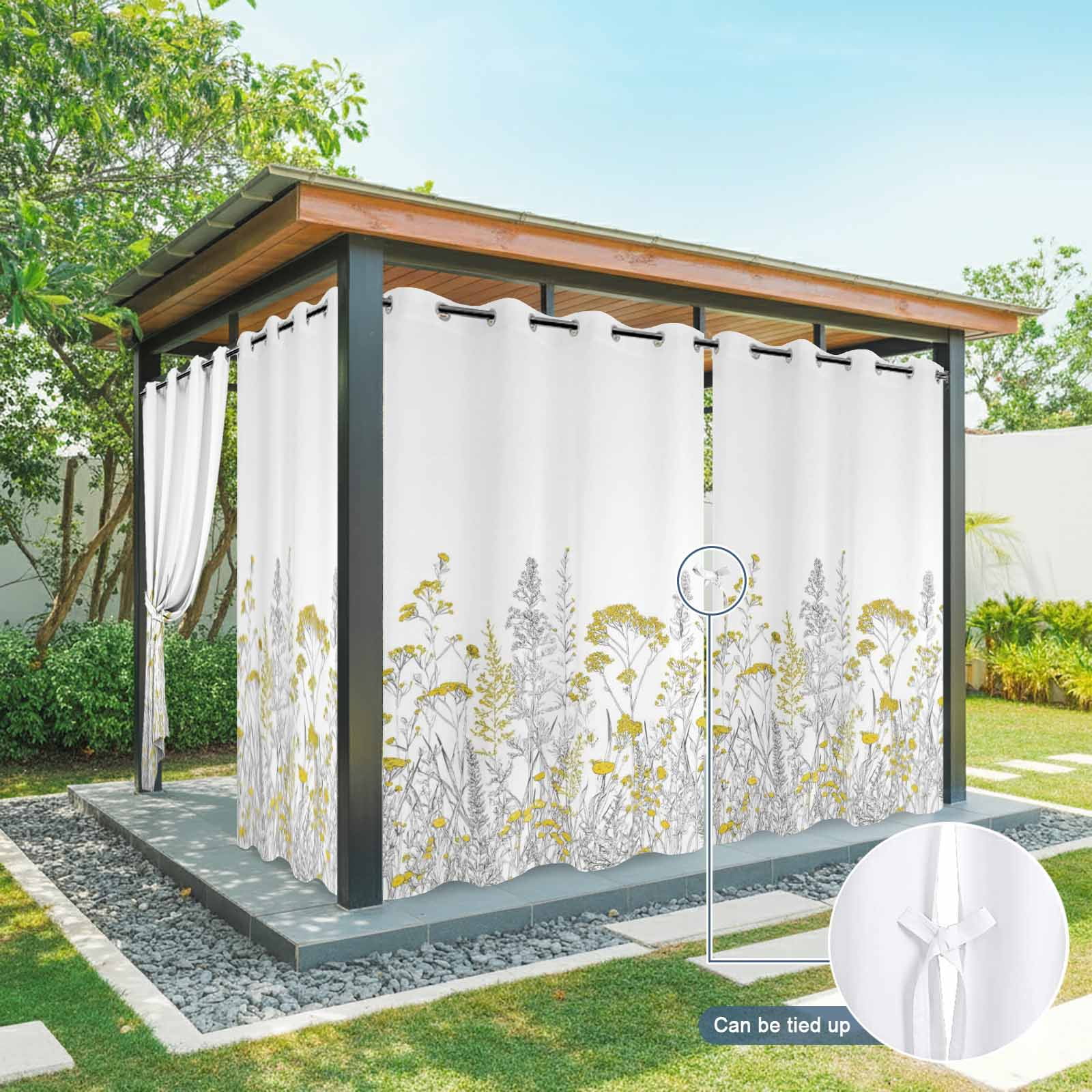 Yellow Wildflowers Outdoor Curtains for Patio, Rustic Botanical Flower Country Gray Plant Sunshade Privacy Drapes Grommet Waterproof Outside Curtains for Porch/Cabana/Balcony 54"x 108", 1 Panel