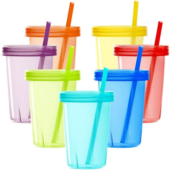 7 Sets Plastic Kids Cups with Lids and Straws, 7 Reusable Toddler Cups with Straws in 7 Assorted Colors