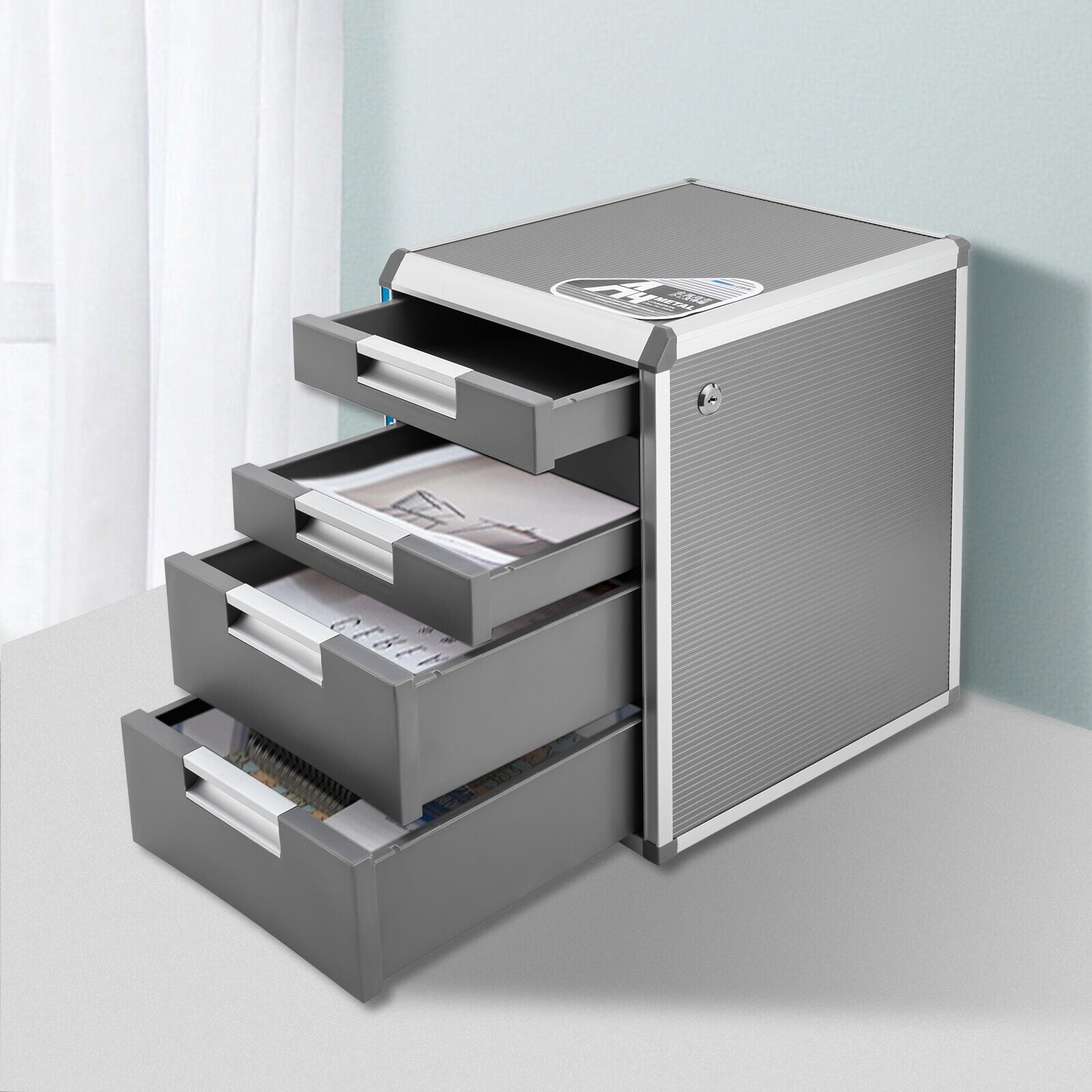 Grey 5 Drawer Desktop File Cabinet Storage Filing Cabinet W/ Label Lock Office for Homes, Offices, Hospital