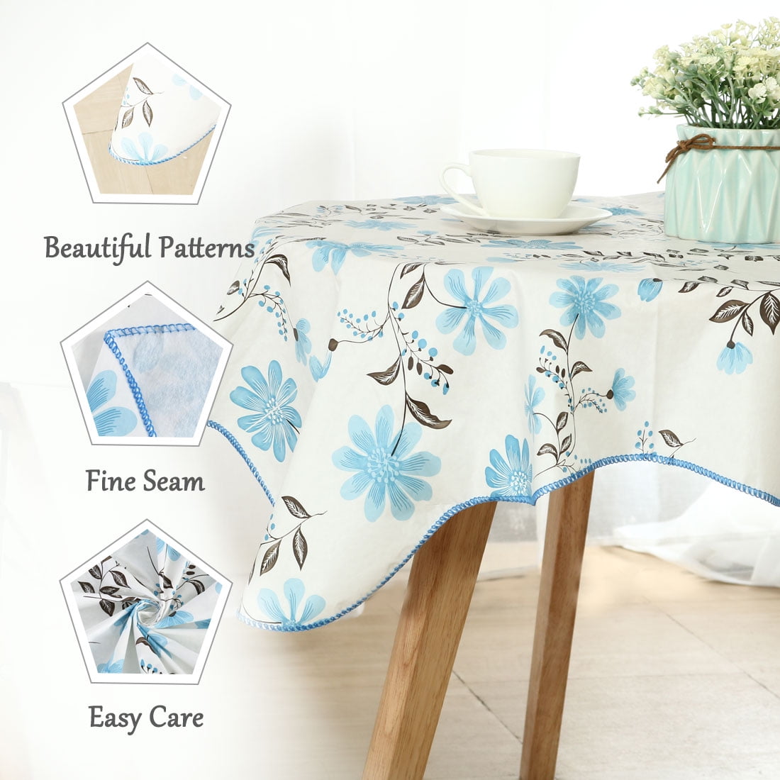 Unique Bargains Vinyl Square Tablecloth Blue Flower Print 35" x 35"