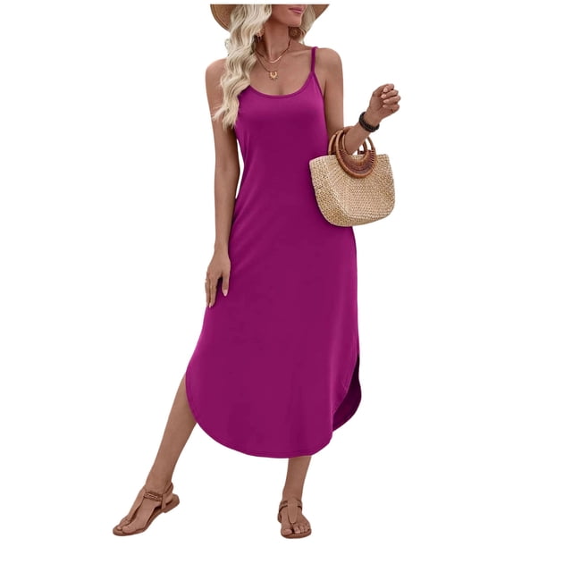 Vestido de Verano Largo para las Mujeres Vestido de Verano Casual de Color Sólido Cuello Redondo sin Mangas