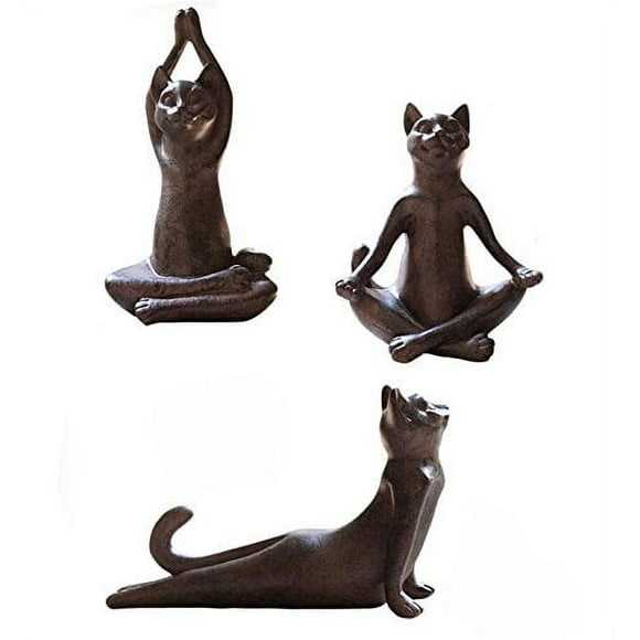 Set of 3 Rusty Brown Vintage Rustic Decorative Resin Animal Cat Yoga Pose Statue, Kitty Yoga Figurine Statue, Meditation Room Yoga Figurine, Yoga Pose