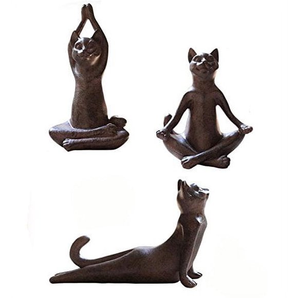 Set of 3 Rusty Brown Vintage Rustic Decorative Resin Animal Cat Yoga Pose Statue, Kitty Yoga Figurine Statue, Meditation Room Yoga Figurine, Yoga Pose