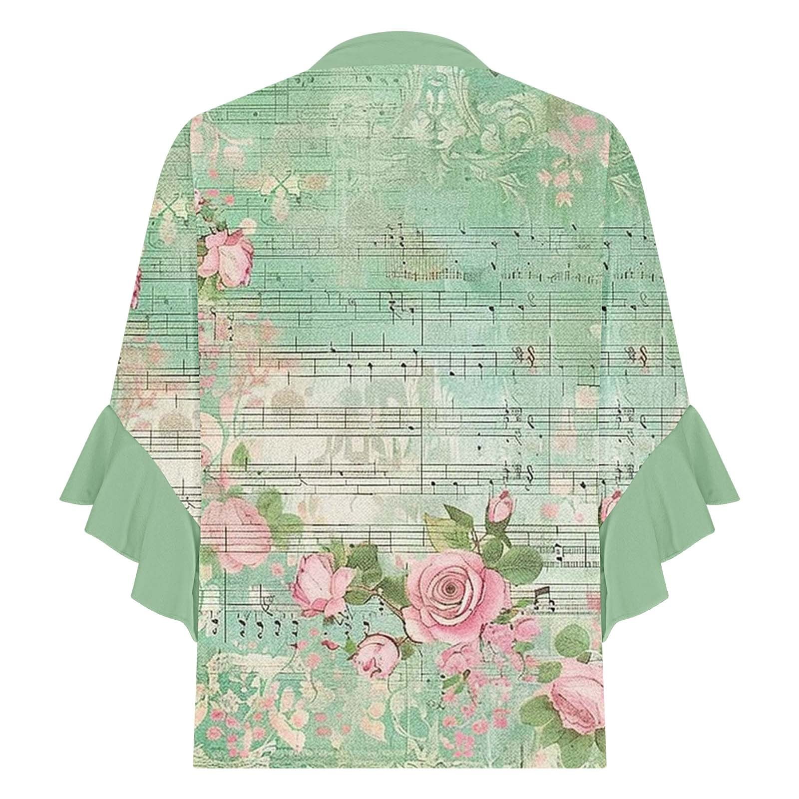 Women Boho Floral Print Blouses with 3/4 Flowy Ruffle Sleeves V Neck Half Button Down Shirt for Summer Beach Vacations