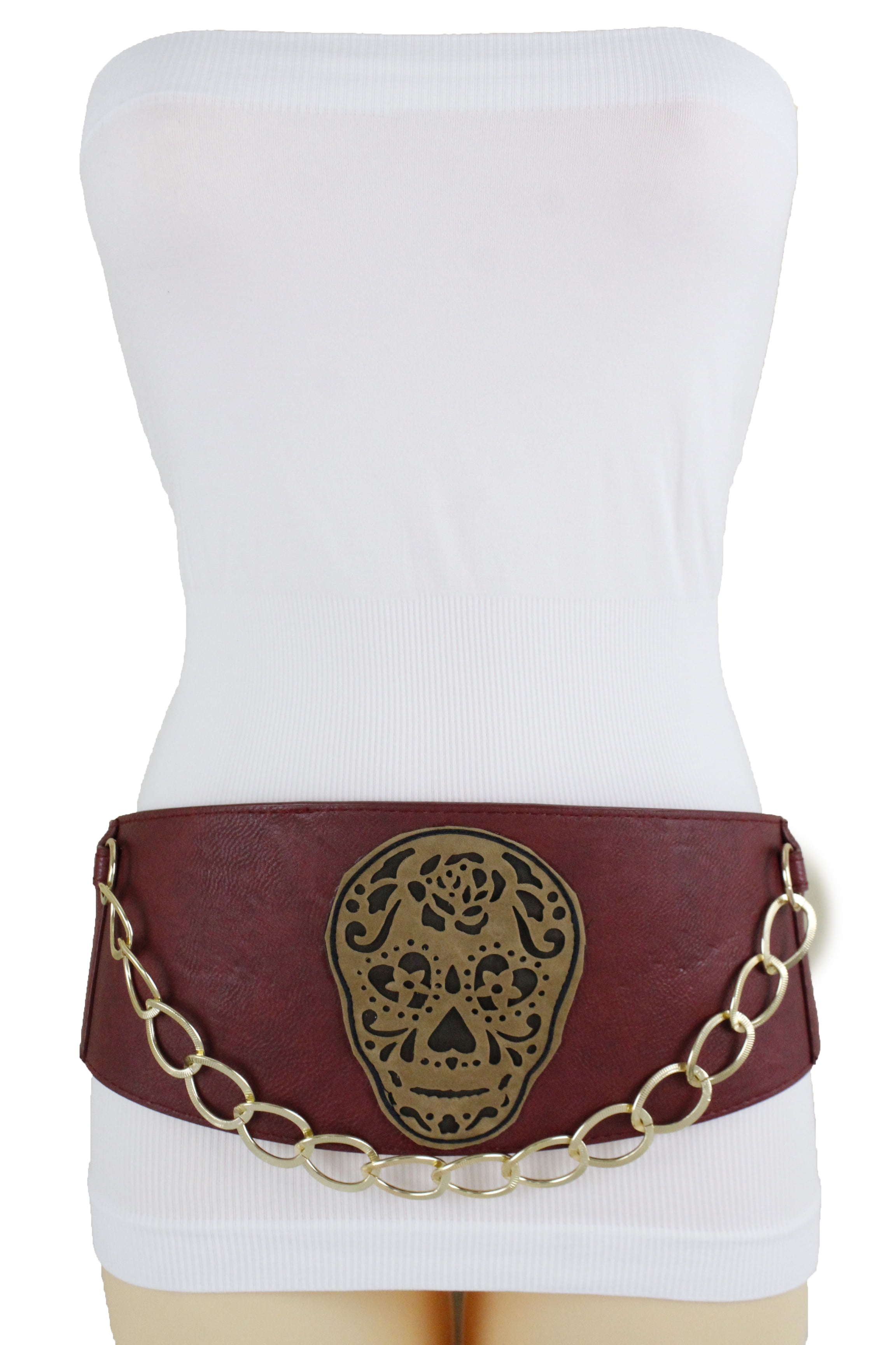 New Women Fashion Belt Hip High Waist Elastic Band Faux Leather Red Size XS S M 