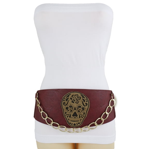 New Women Red Faux Leather Wide Elastic Corset Belt Gold Metal Chain Brown Skull S M