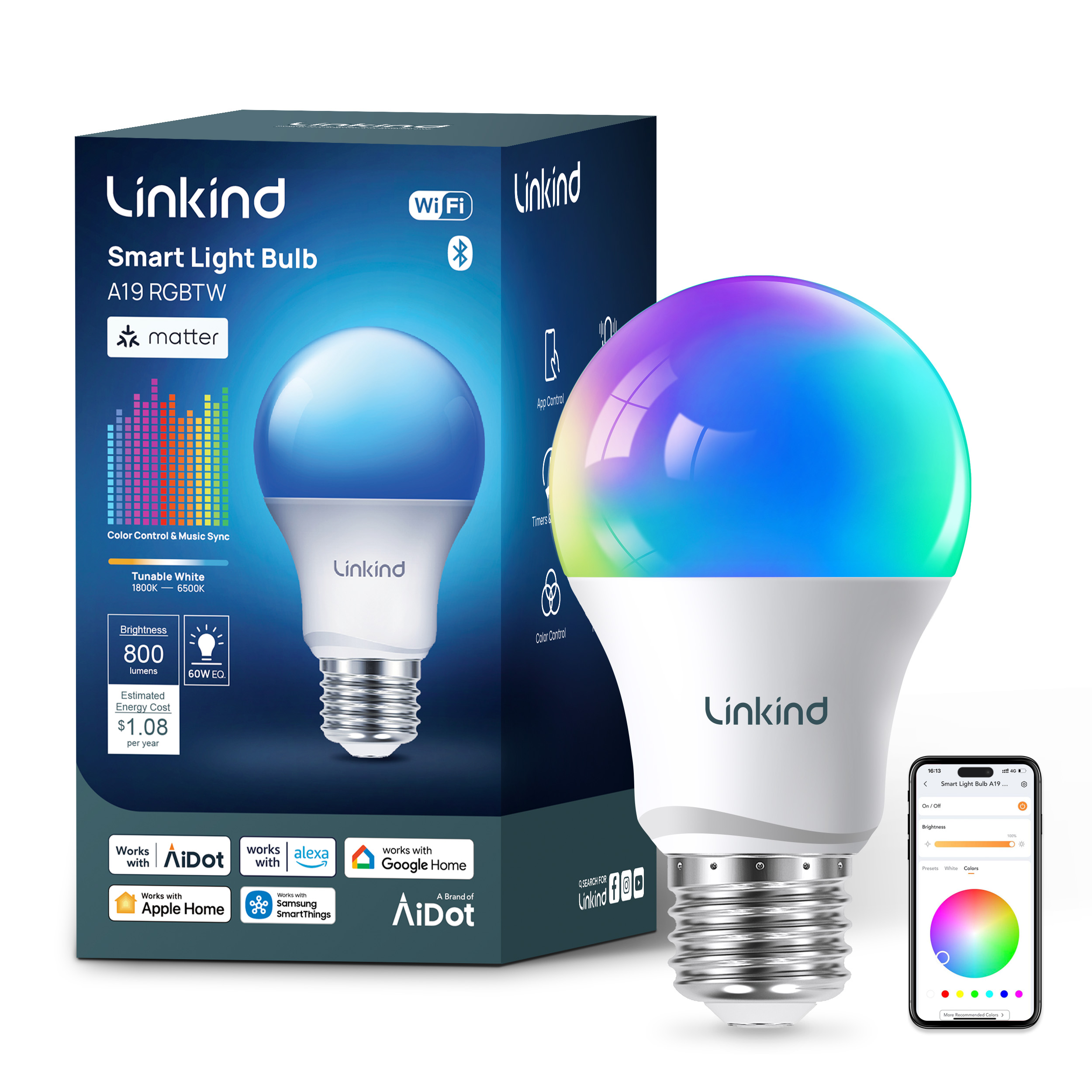 Linkind Matter Smart Light Bulb A19 9W Multicolor LED