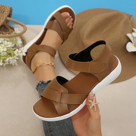 CQONEPT Womens Flats Sandals Wedge Walking Comfortable Casual Adjustable Sandals Ankle Buckle Non Slip Lightweight Open Toe Shoes Khaki 37