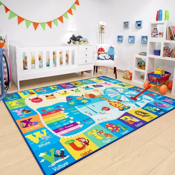 Educational Kid Area Rug for Playroom, 5x7 Feet TPR Non Slip Kids Classroom Carpet Rug for Learning ABC Animal, Shape Color Fruit, Washable Play Mat Rug for Children Nursery Toddler Room Decor