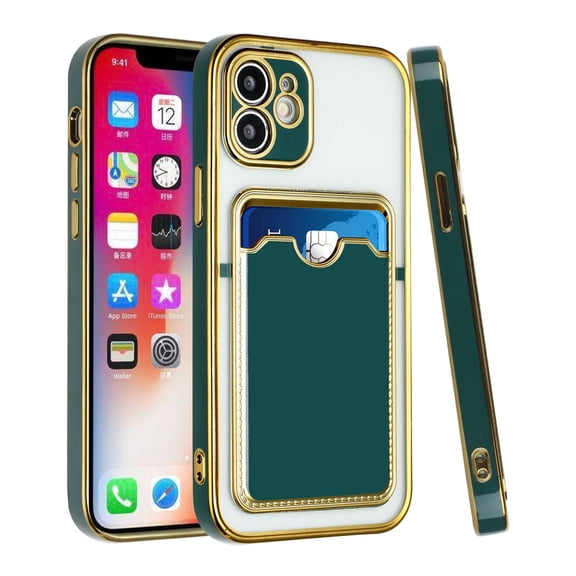 For Apple iPhone 12 Pro (6.1") Credit Card Slot Wallet Back Storage Invisible Back Pocket Hard PC TPU Hybrid Cover ,Xpm Phone Case [ Midnight Green ]