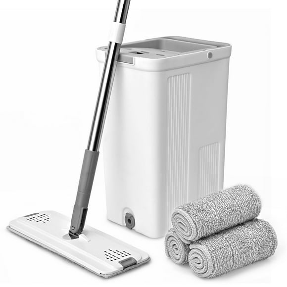 Self-Wash and Squeeze Dry Flat Mop and Bucket Set, Includes 3 Washable Microfiber Pads, Dual-Chamber Bucket System with 360 Rotation Mop Head
