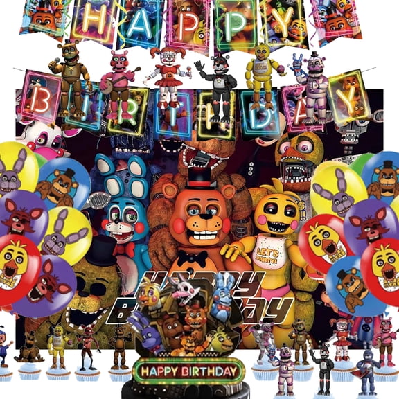 Freddy's Party Decorations Five Nights Happy Birthday Party Supplies Set include Banner , Balloons, Cake Cupcake Toppers, Freddy's Background