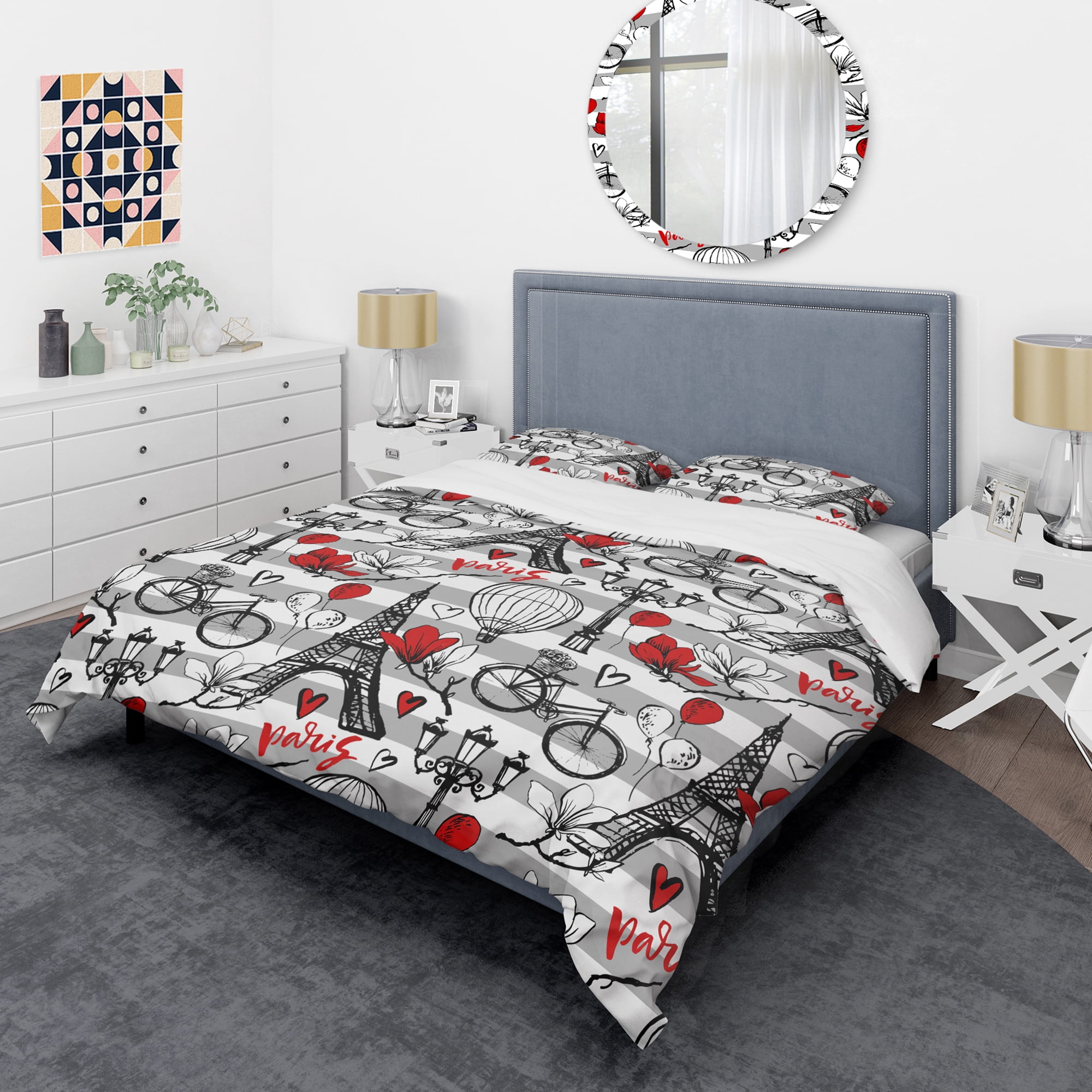 Designart 'Paris Eiffel Red Hearts II' Mid-Century Modern Duvet Cover Set