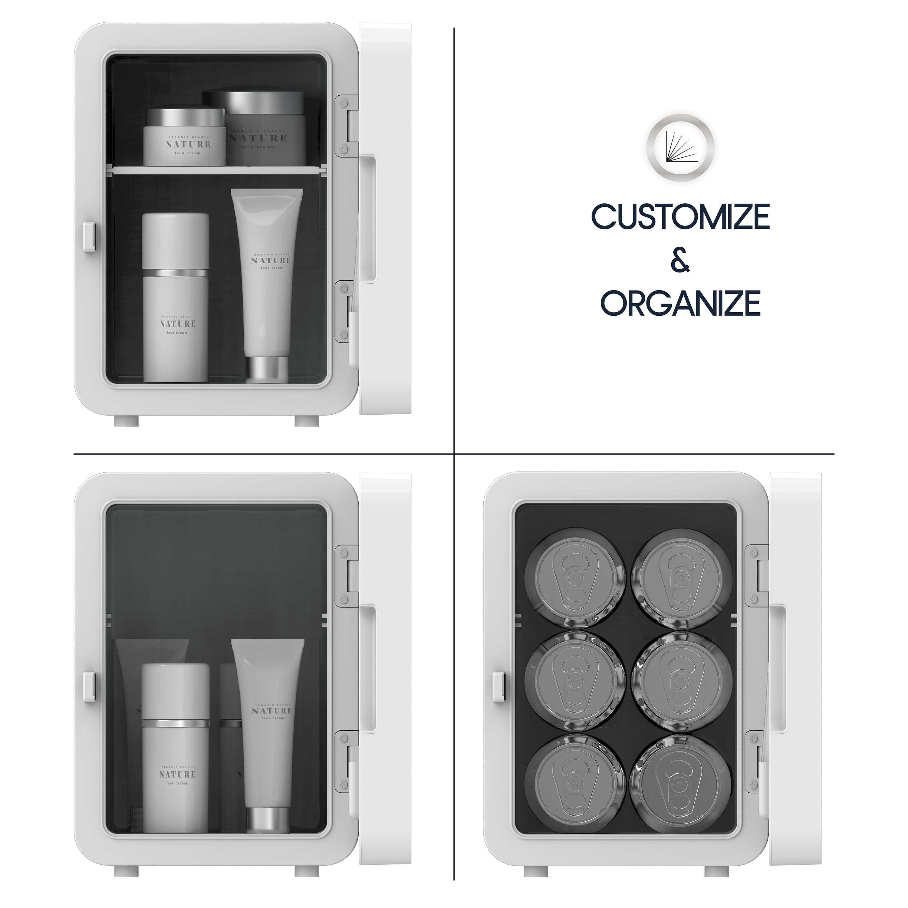 Icon Beauty LED Mirror Door 6.75in. Mini Cooler, 4-Liter Compact Mini Fridge with Touch-Control LED Light and Standard Door, New