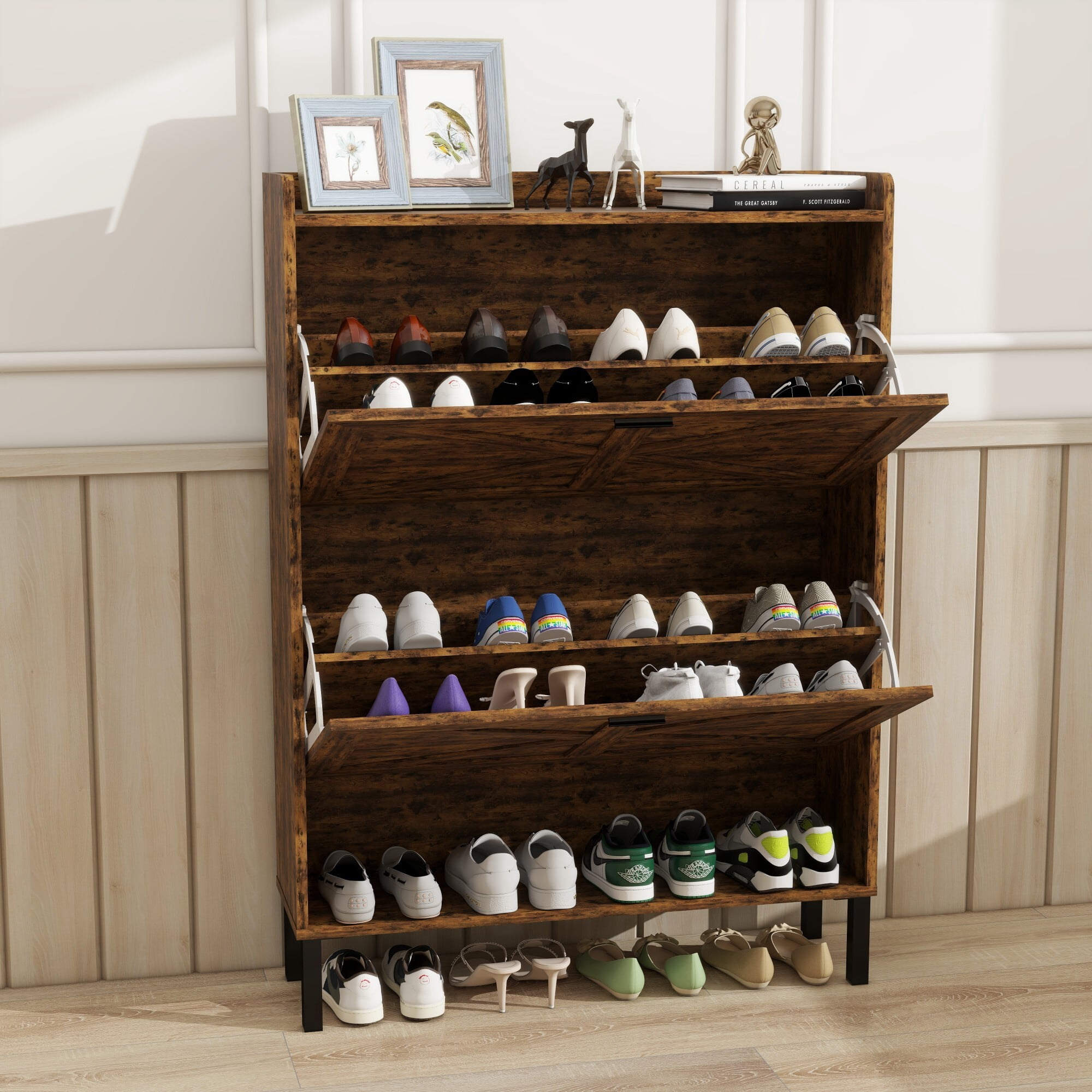 DEALTOPS Slim Flip-Drawer Shoe Cabinet – Rustic Narrow Entryway Storage for 20+ Pairs, Rustic Brown