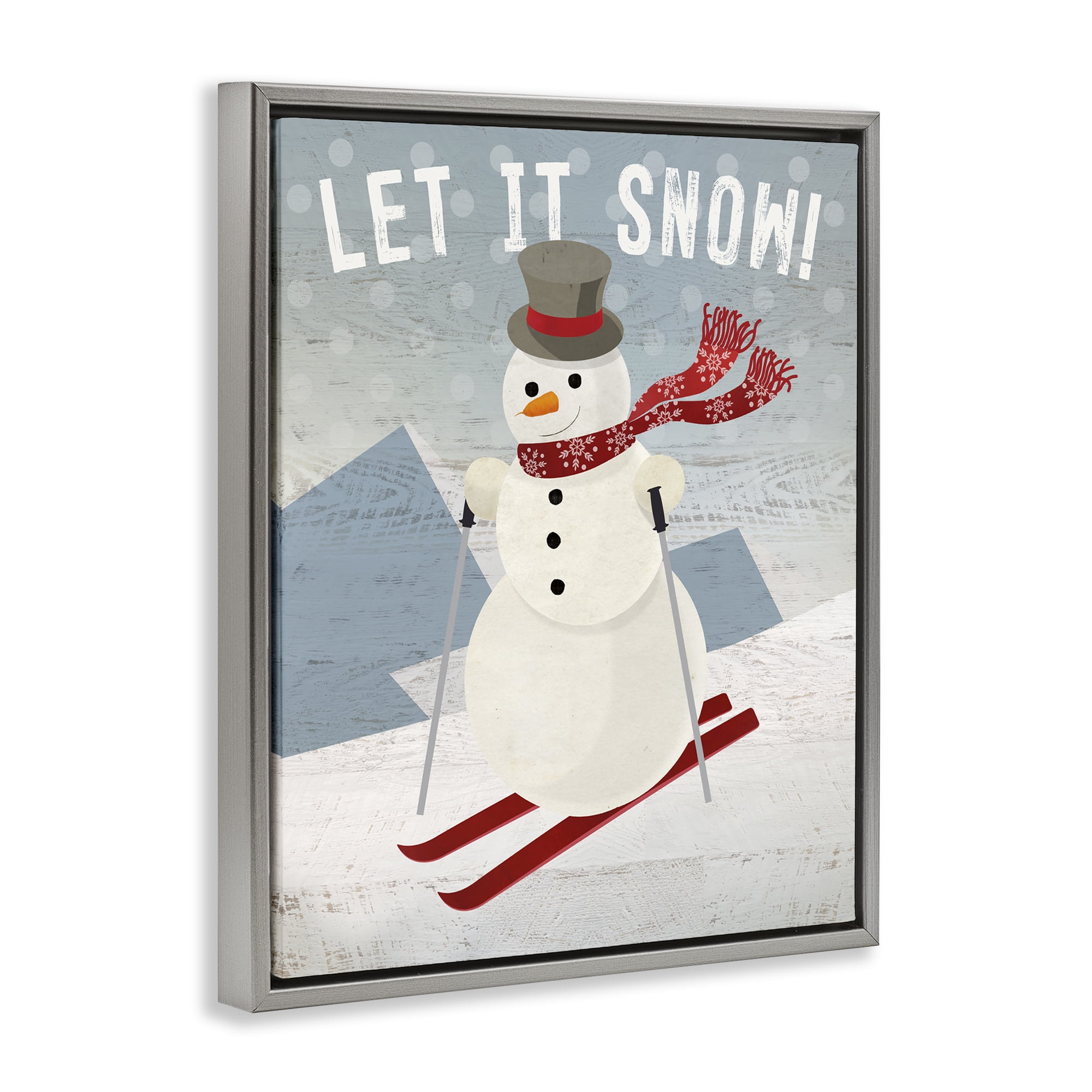 Stupell Industries Skiing Snowman on Slopes Holiday Painting Gray Floater Framed Canvas Art Prints Wall Art, 25 x 31