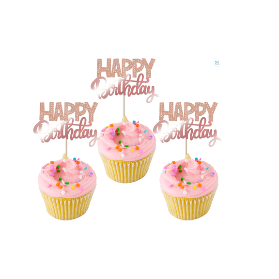Happy Birthday Cupcake Toppers, Rose Gold Glitter, 10 Pack, Birthday Party Cake Decorations for Boys, Girls, and Baby Shower