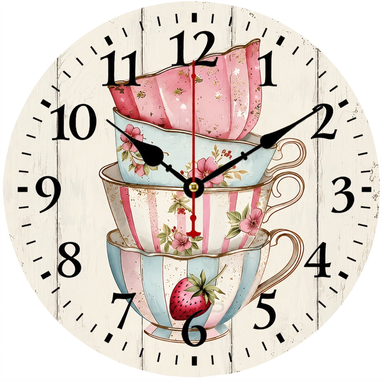9.84 Inch Vintage Floral Wall Clock, Decorative Kitchen Clock with Tea Cup Design, Farmhouse Wall Decor for Living Room Bedroom Office