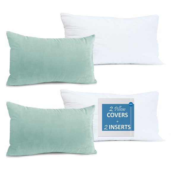Nestl Plush 2 Pack Solid Decorative Microfiber Rectangle Throw Pillow Cover with Throw Pillow Insert for Couch, Aqua, 12" x 20"