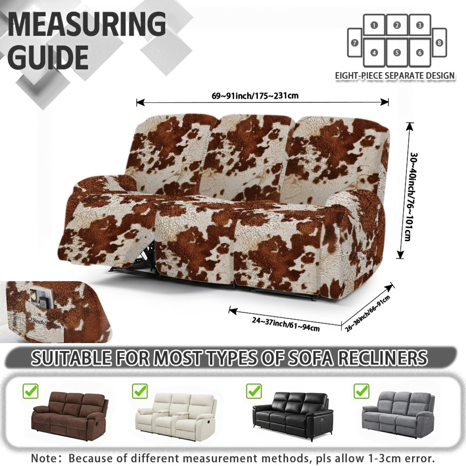 COEQINE Brown Cow Print Recliner Sofa Cover Polyester 3 Seater Reclining Chair Protector 8 Pieces Stretch Recliner Chair Cover Dog Couch Slipcover for Living Room Home Decor