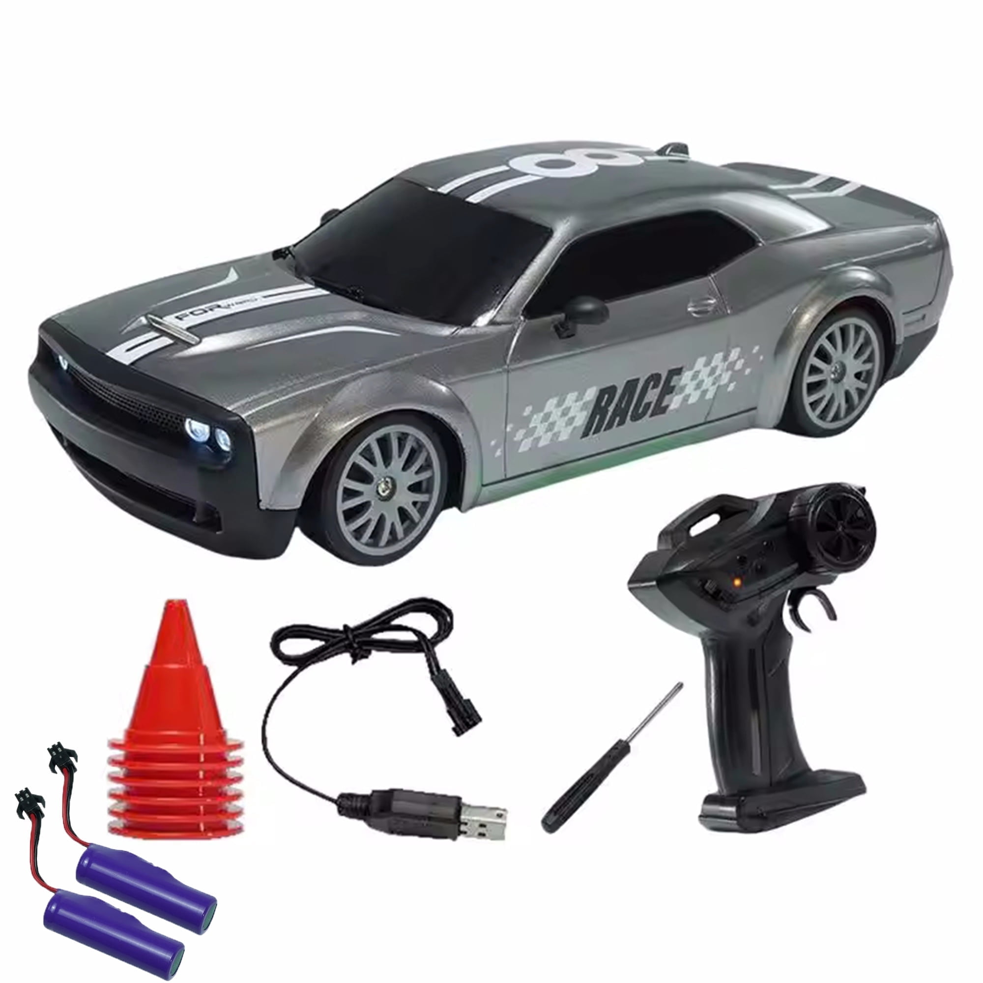 RC Drift Car 2.4GHz 1:20 Scale 4WD 20KM/H High Speed Drifting Tire, LED Lights, 2 Rechargeable Batteries