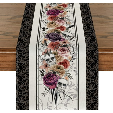 

Roses Skulls Day of The Dead Table Runner Silhouette Halloween Fall Kitchen Dining Table Decoration for Outdoor Home Party 13x72 Inch
