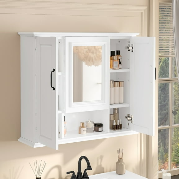 36" Medicine Cabinet with Mirror, Wall Mounted Bathroom Storage Cabinet with 3 Doors, Modern Bathroom Mirror Cabinet with Adjustable Shelves, White Bathroom Wall Cabinet