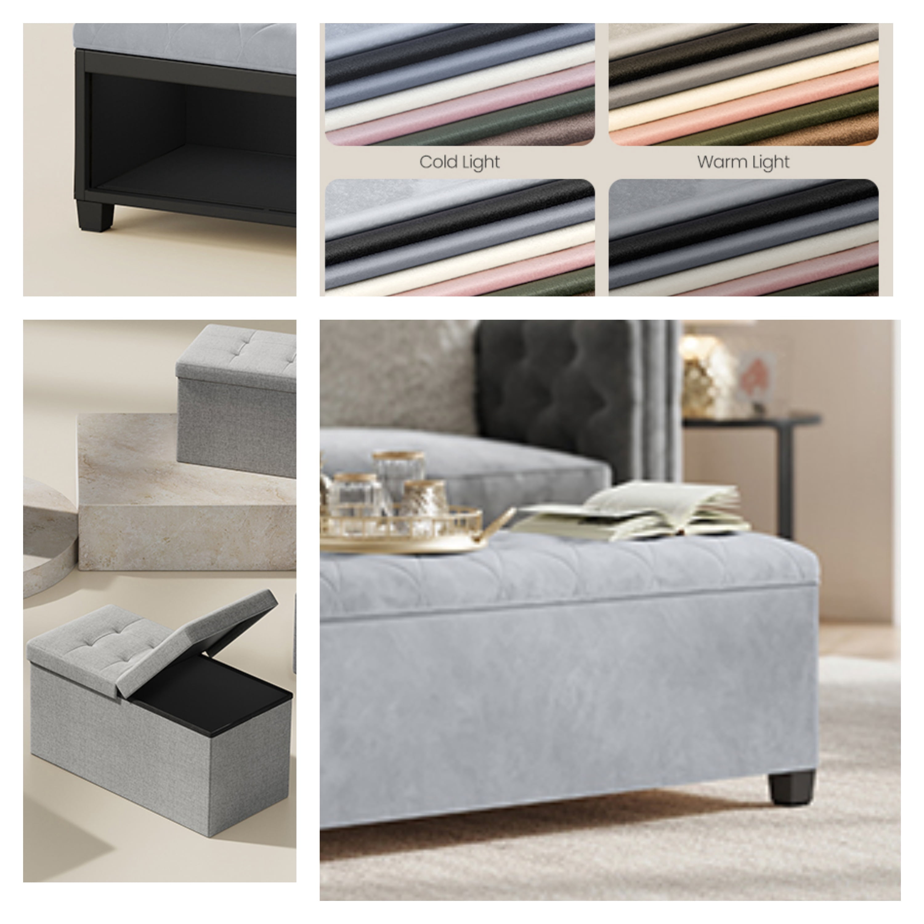 LEDREM 43-Inch Velvet Storage Ottoman Bench with Removable Cover, 660LB Capacity Multi-Functional Footrest for Living Room & Bedroom, Dove Gray