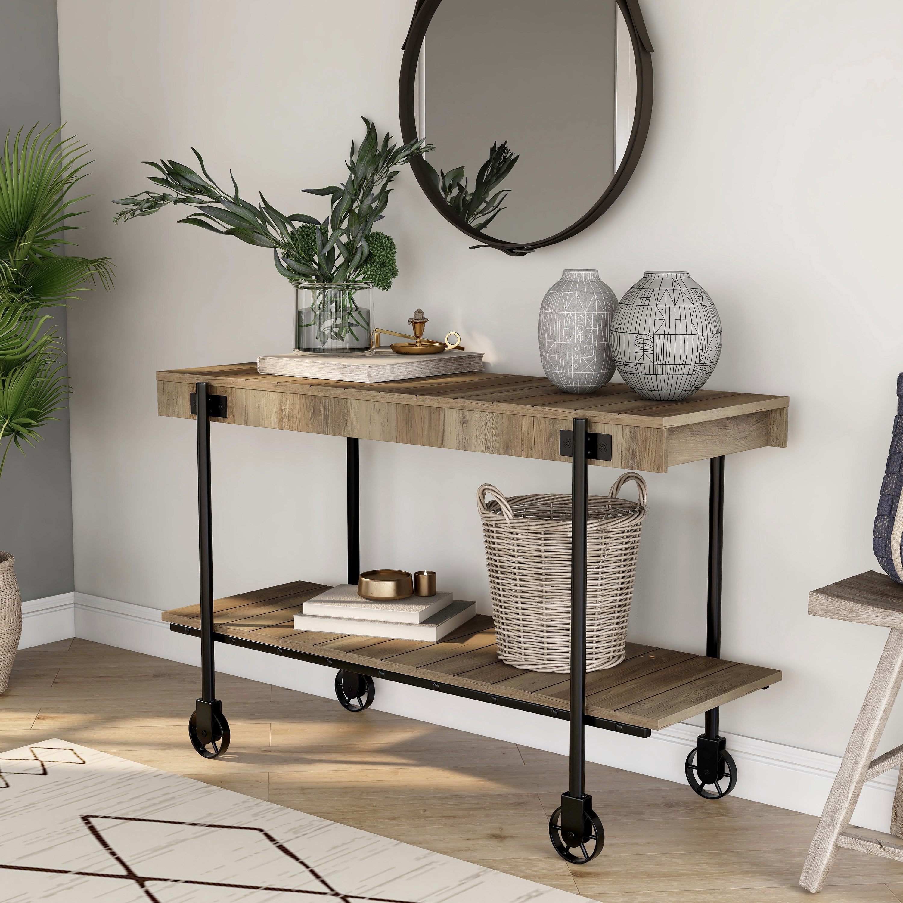 Furniture of America Russe 1-Shelf Wood Rustic Oak Sofa Table with Wheels