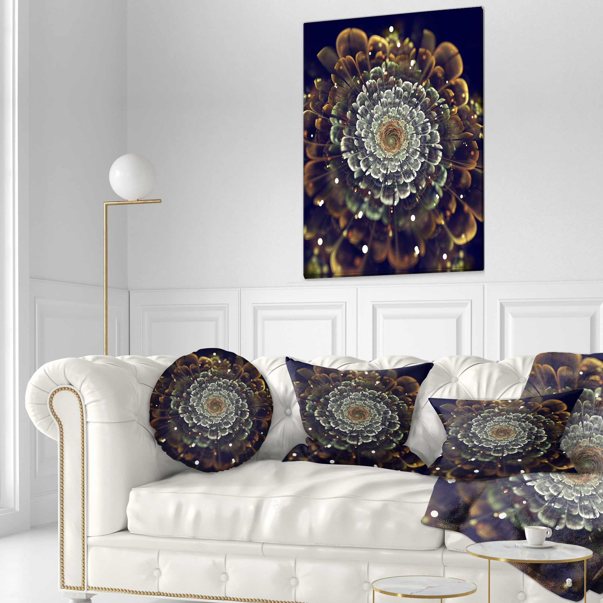 Designart Perfect Fractal Flower in Orange and Silver - Floral Throw Pillow - 12x20