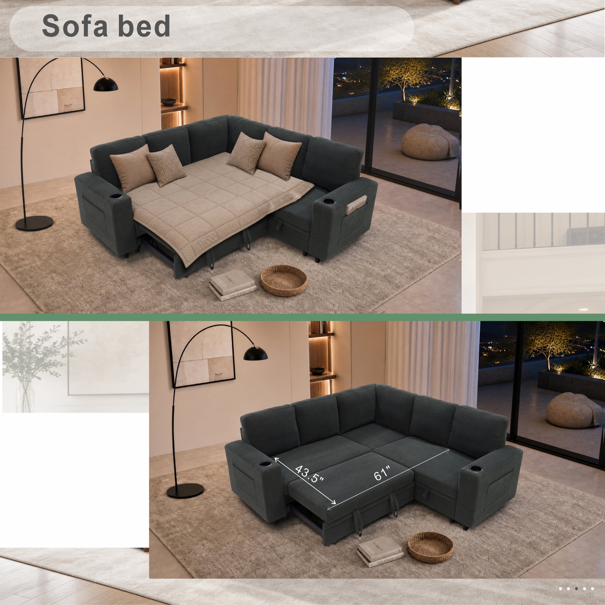 Leumius 76.5" Sectional Sleeper Sofa with Pull Out Bed,Storage Seat & Cup Holders,L-Shape Modern Upholstered Sofa Couch Convertible Corner Couch for Living Room,