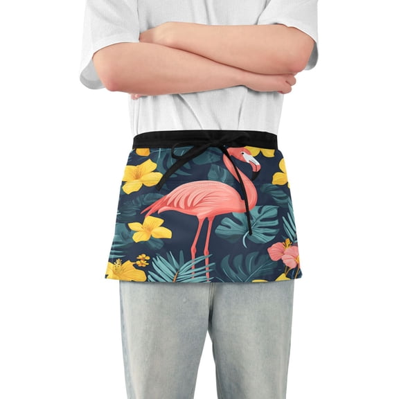 Yayeee Waist Apron with Pockets for Cooking Waterproof Half Server Aprons, Pink Floral Flamingo