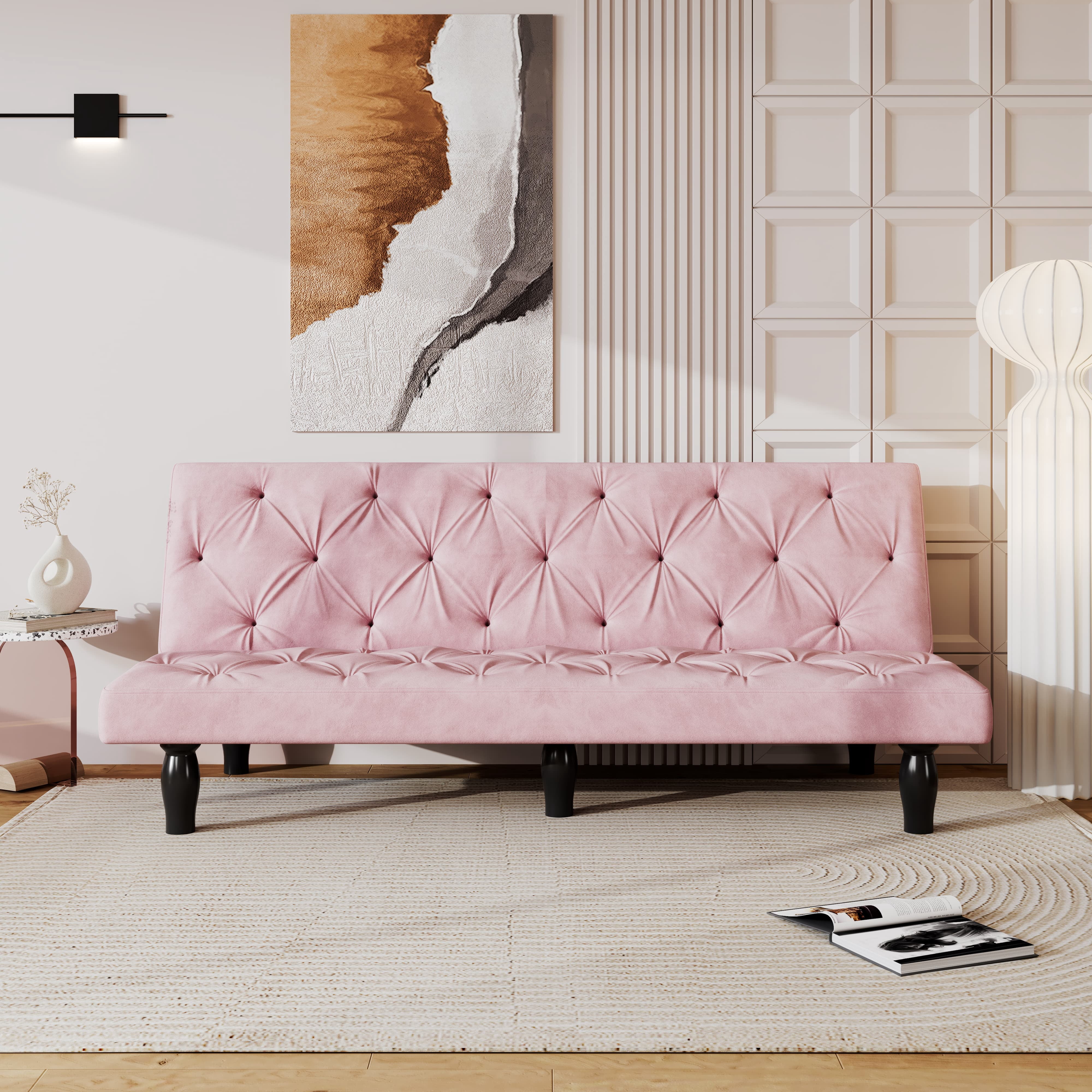 MAYEERTY 66" Velvet Convertible Sofa Bed Couch Loveseat Sleeper for Living Rooms, Apartments, Bedrooms, Pink