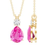 Rosec Jewels Created Pink Sapphire Drop Pendant Necklace with Moissanite for Women - 8X10 mm, 14K Yellow Gold