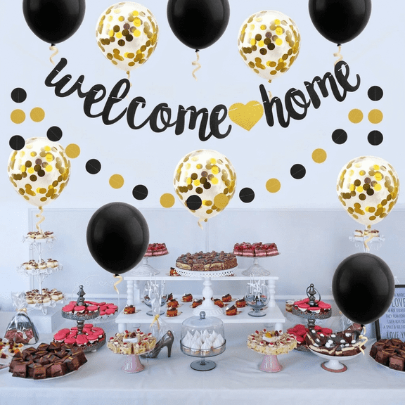 Welcome Home Decorations Banner Balloons Set, Gold Black Garland for New Home Family,Housewarming, Parties